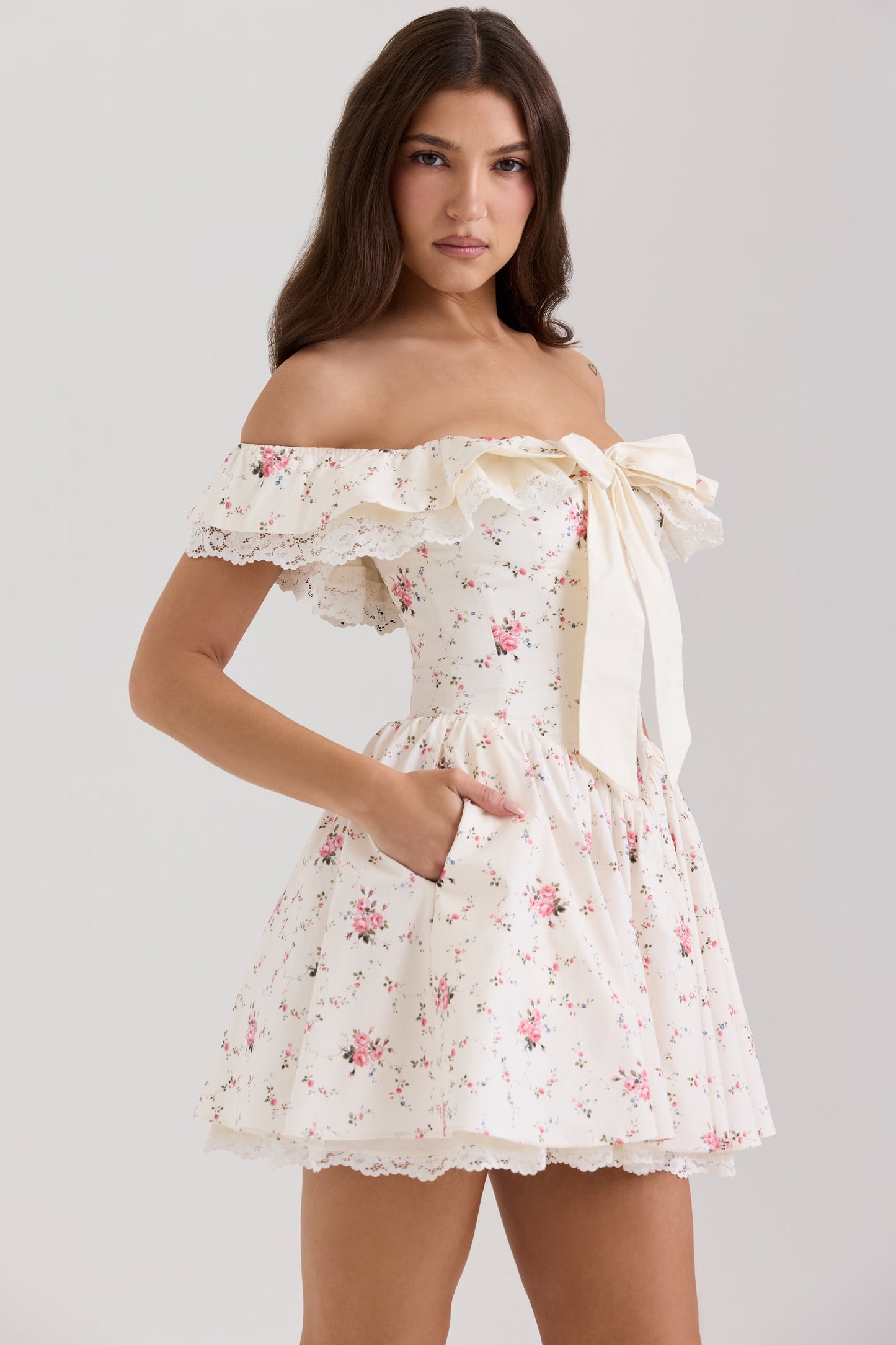 Floral Bow Off-Shoulder Mini Dress