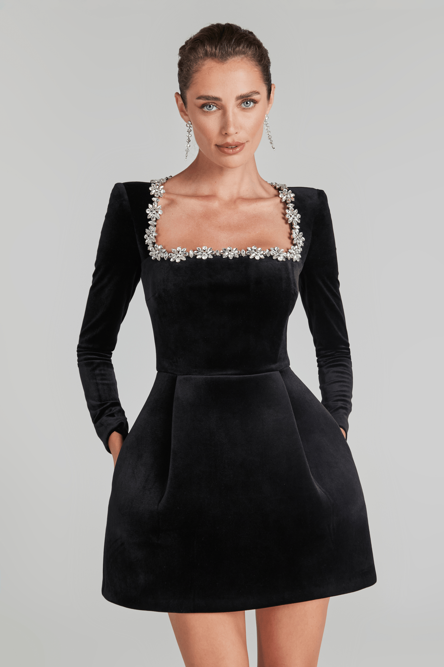 Kimberly Jewel-Trim Velvet Mini Dress Black
