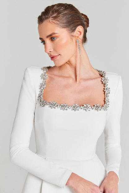 Kimberly Jewel-Trim Velvet Mini Dress White