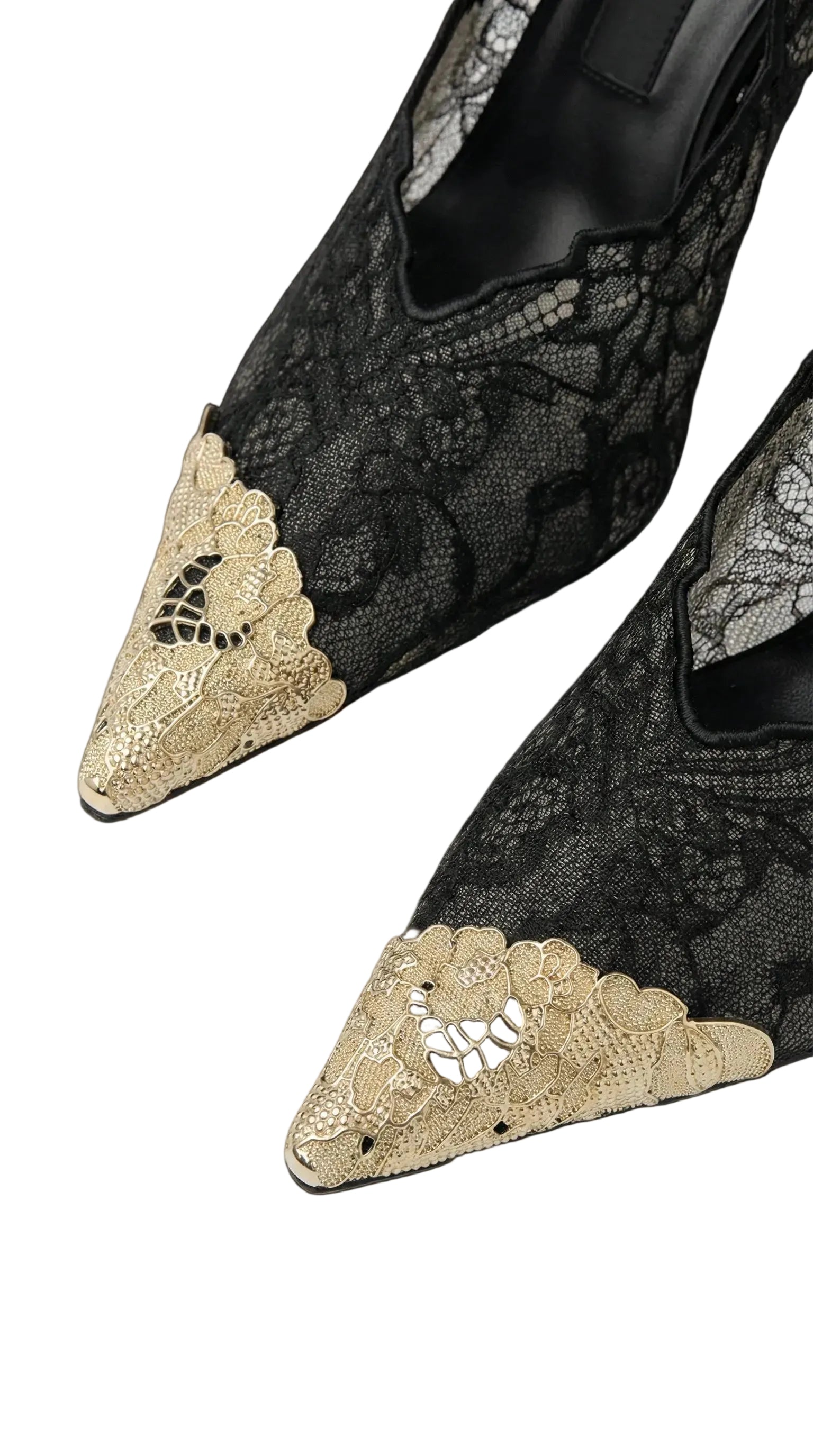 Kiva - Lace Embroidery Metal Pointed Heels Black