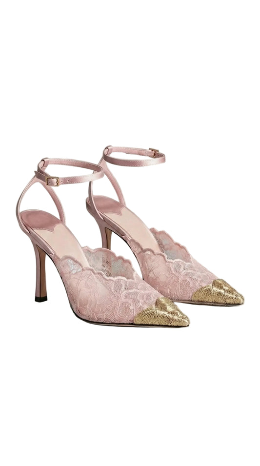 Kiva - Lace Embroidery Metal Pointed Heels Pink