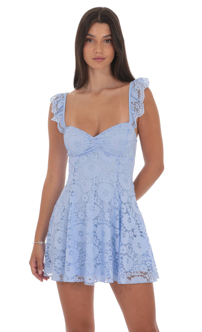 Lace Mini Sequin Fit and Flare Dress in Blue