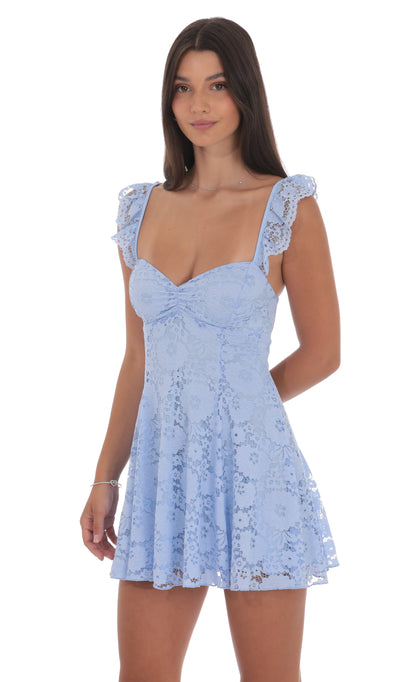 Lace Mini Sequin Fit and Flare Dress in Blue