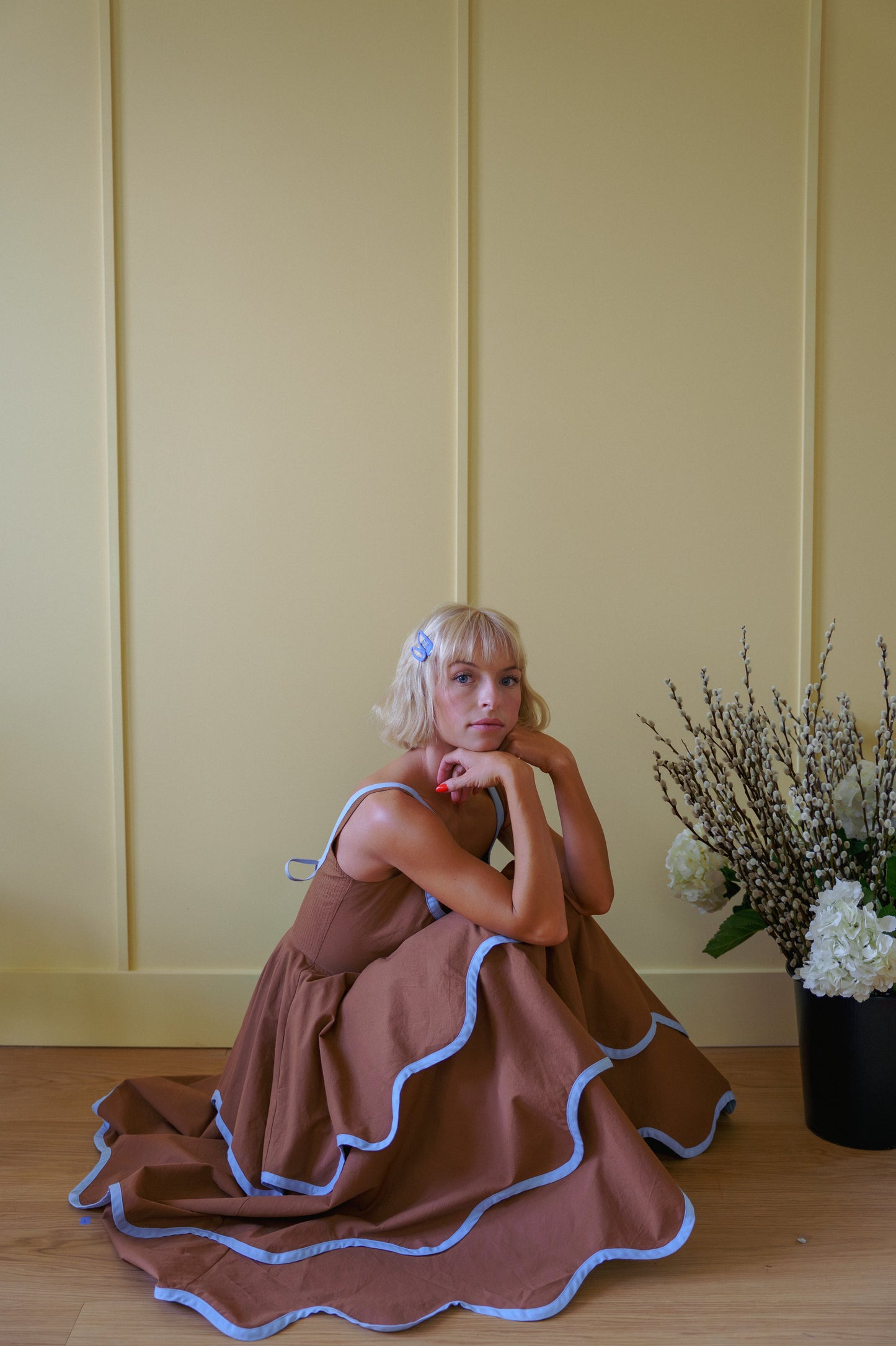 Millie Dress in Saddle Brown and Sky Blue