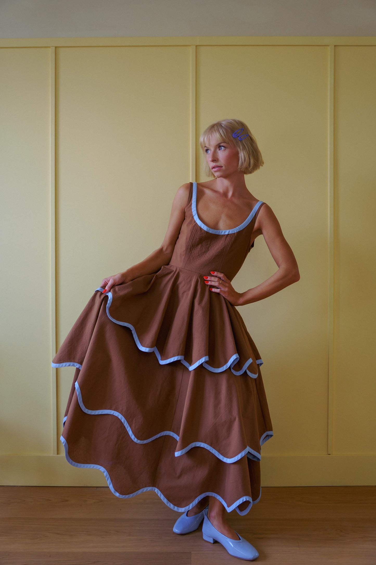 Millie Dress in Saddle Brown and Sky Blue