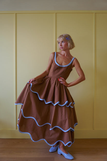Millie Dress in Saddle Brown and Sky Blue