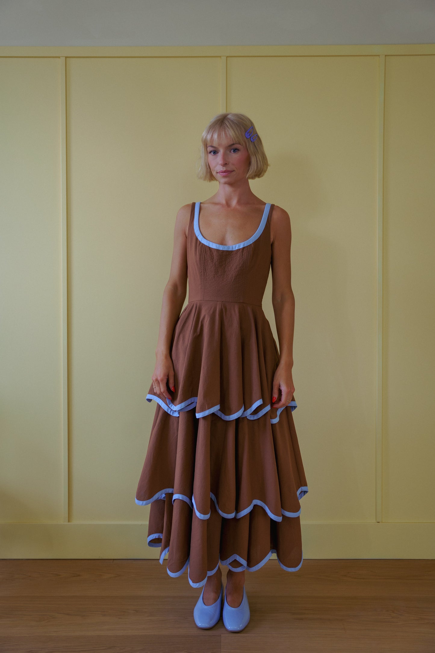 Millie Dress in Saddle Brown and Sky Blue