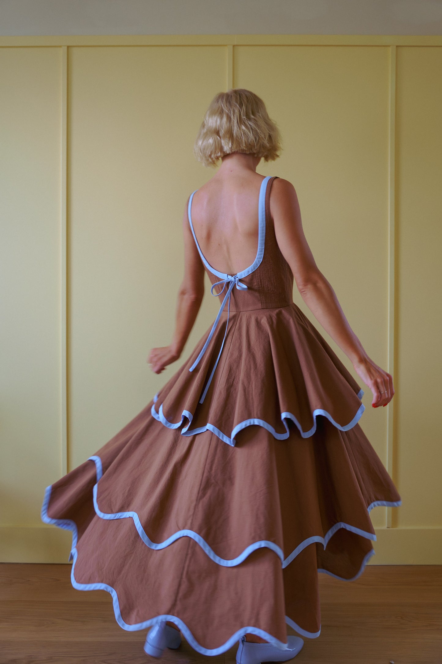 Millie Dress in Saddle Brown and Sky Blue