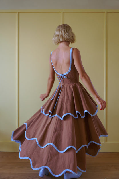 Millie Dress in Saddle Brown and Sky Blue