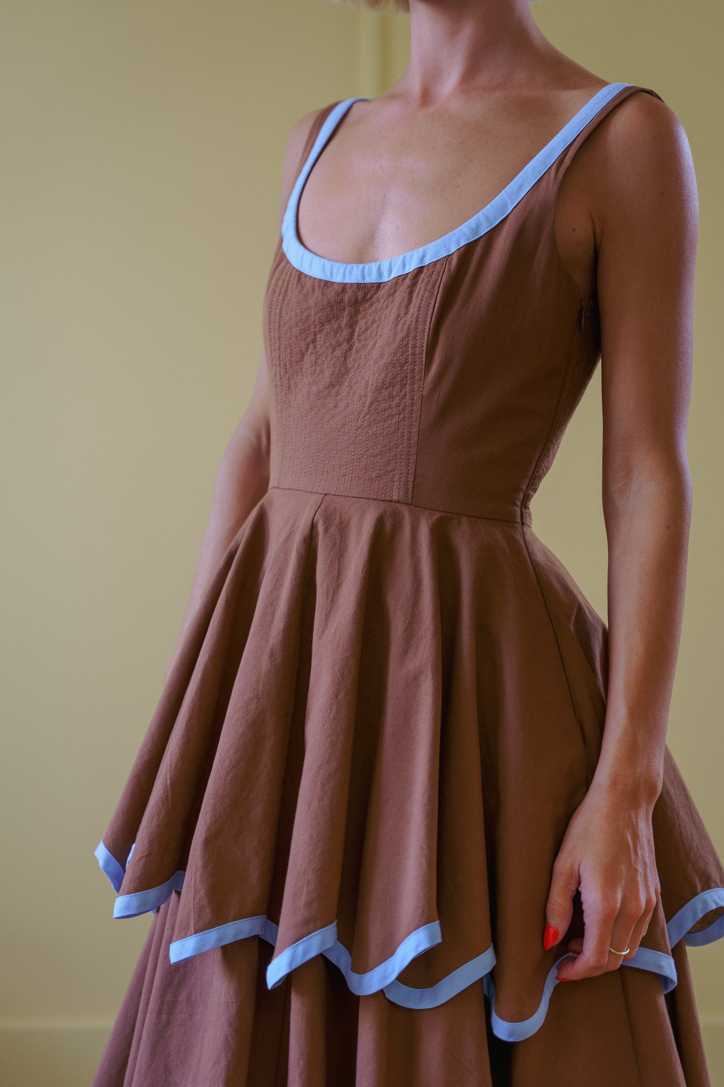 Millie Dress in Saddle Brown and Sky Blue