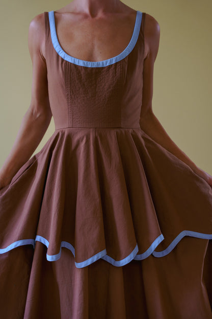 Millie Dress in Saddle Brown and Sky Blue