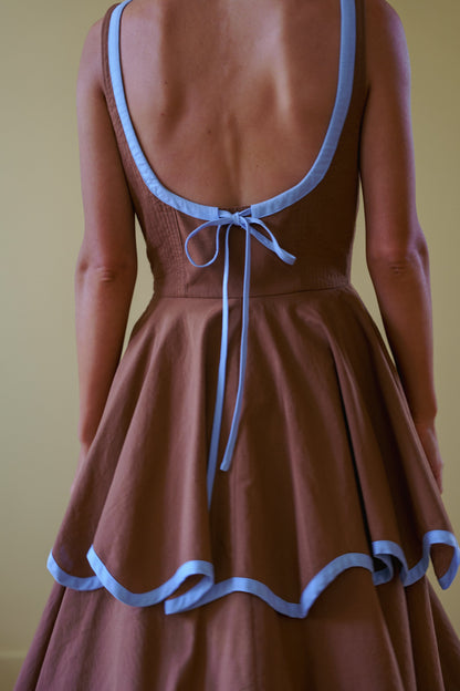 Millie Dress in Saddle Brown and Sky Blue