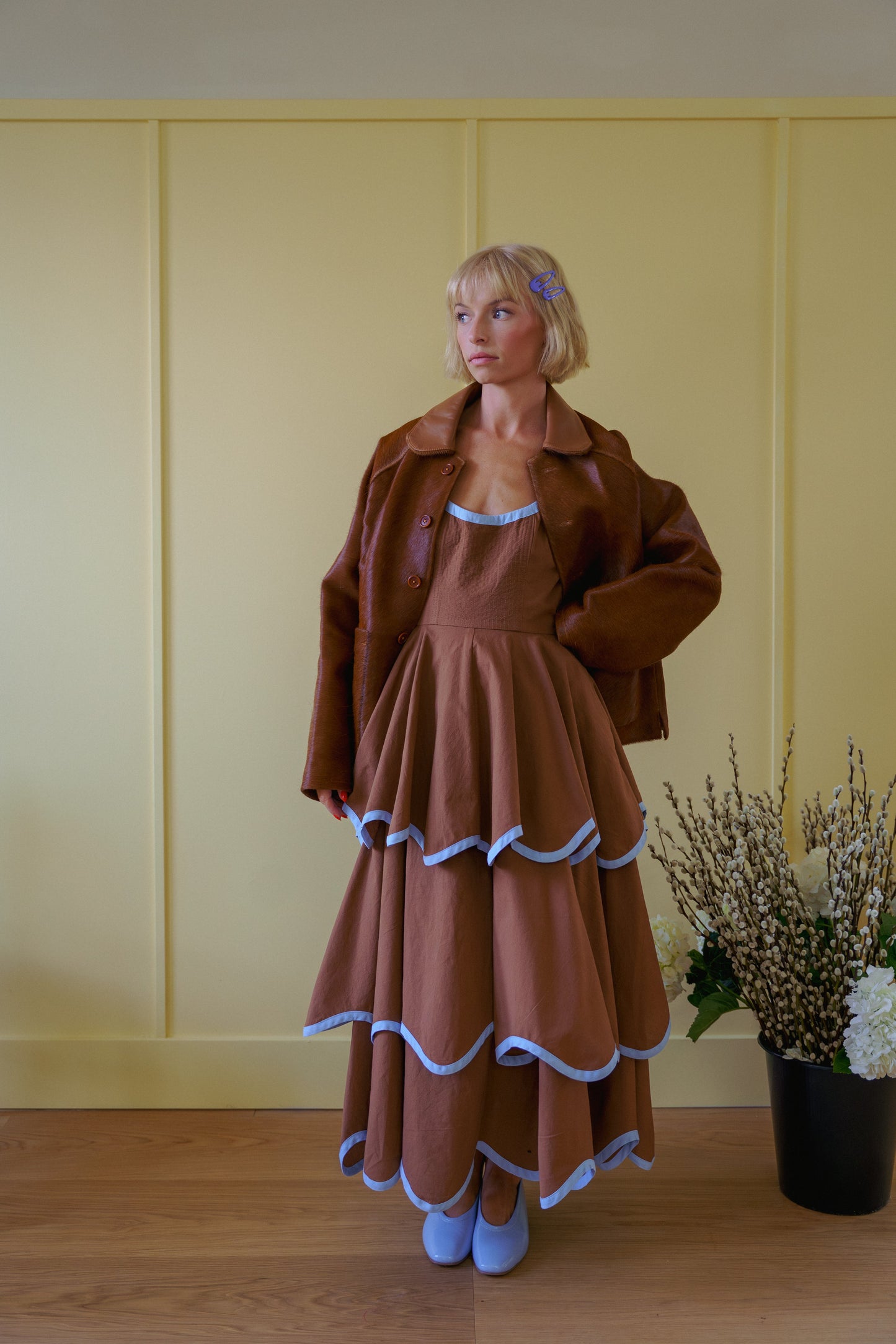 Millie Dress in Saddle Brown and Sky Blue