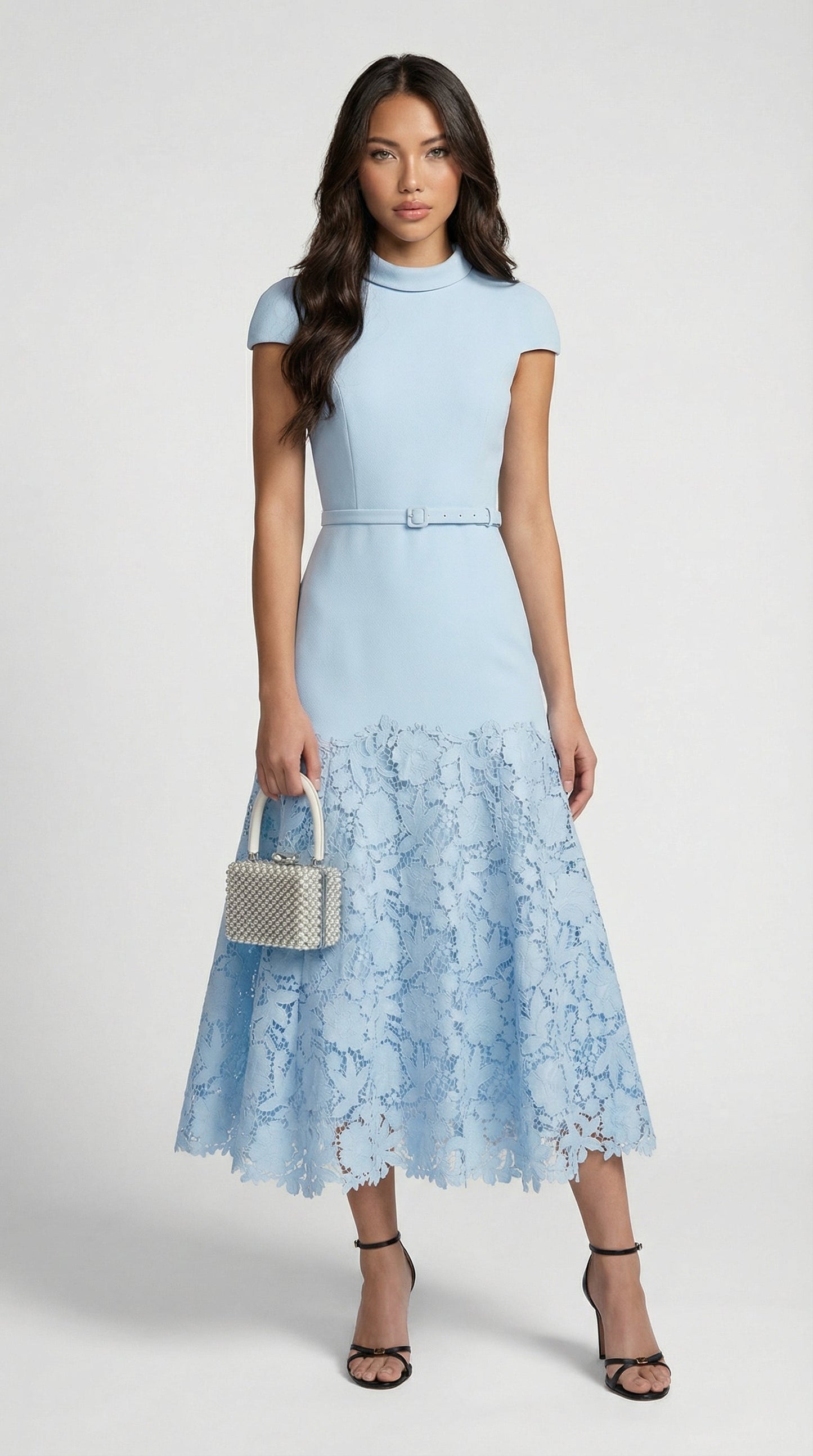 Mirana French Blue Lace-Trimmed Midi Dress