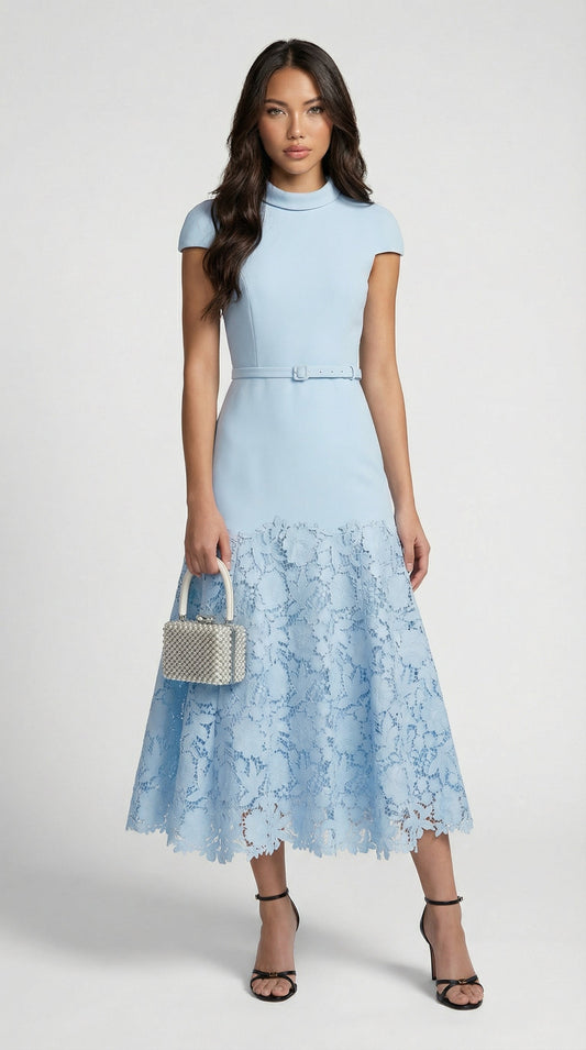 Mirana French Blue Lace-Trimmed Midi Dress