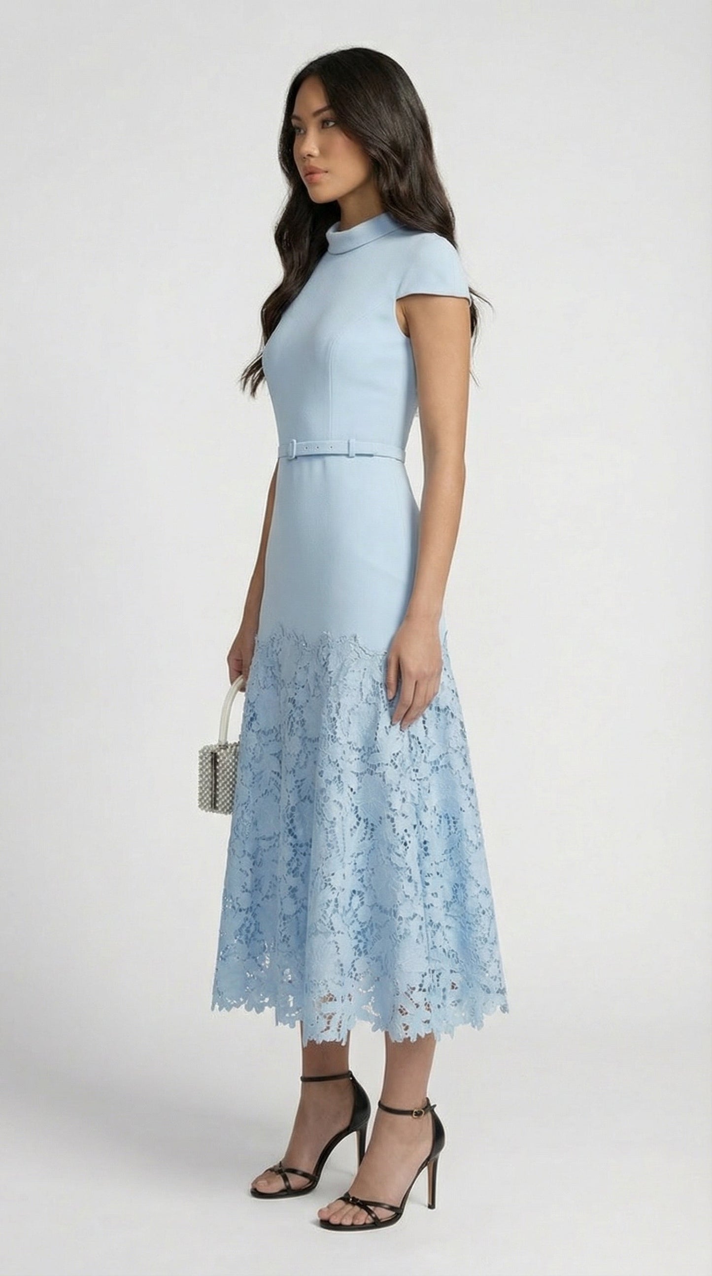 Mirana French Blue Lace-Trimmed Midi Dress