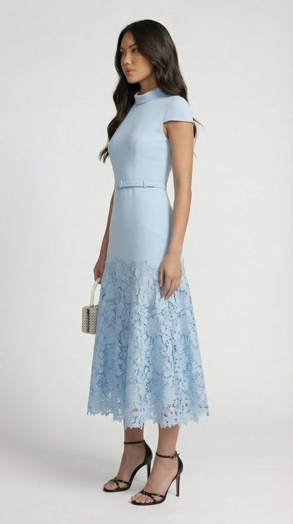 Mirana French Blue Lace-Trimmed Midi Dress
