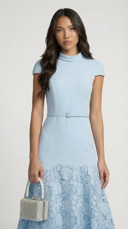 Mirana French Blue Lace-Trimmed Midi Dress