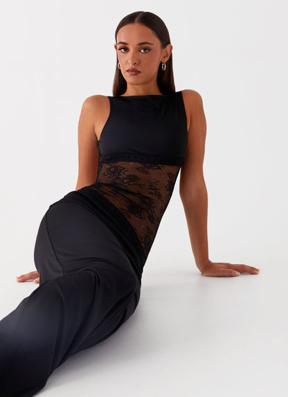 Lace Satin Backless Maxi Dress Black