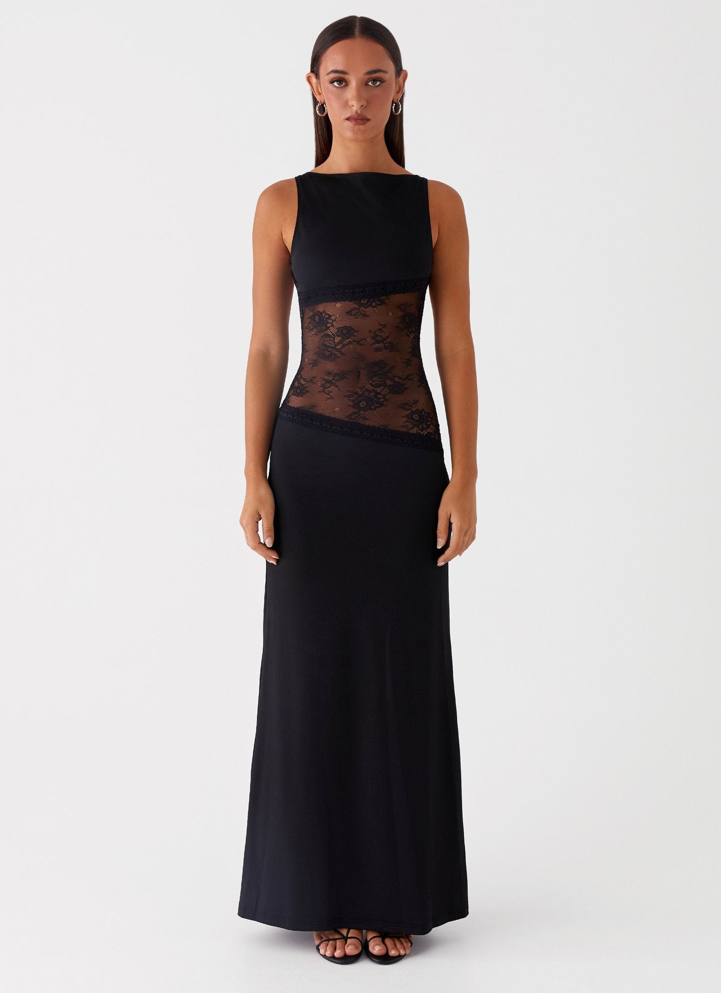 Lace Satin Backless Maxi Dress Black