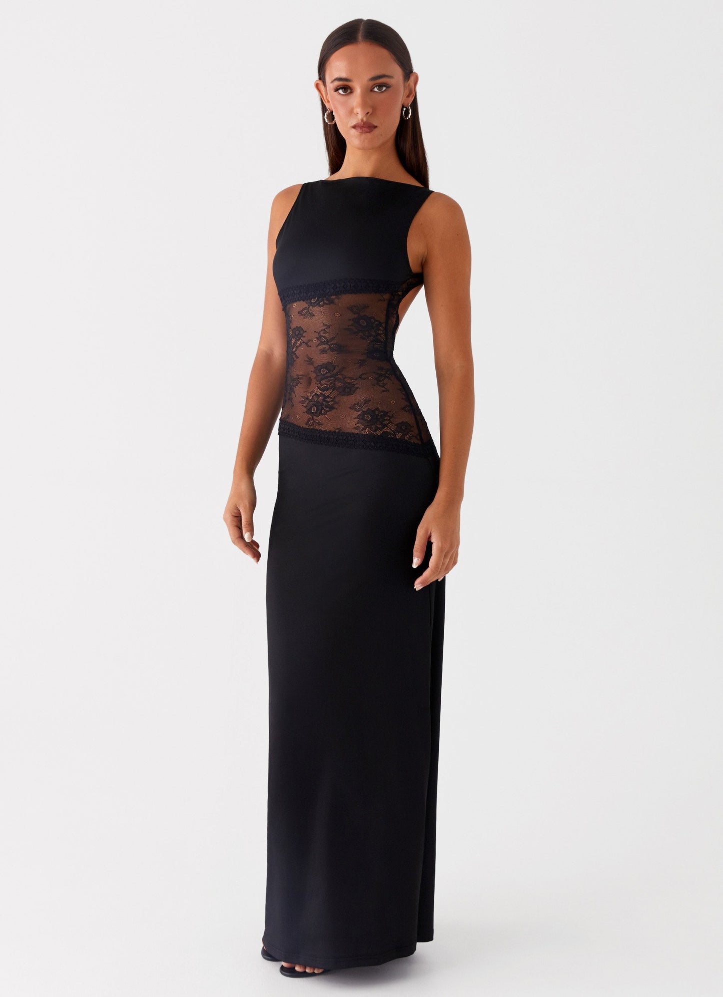 Lace Satin Backless Maxi Dress Black