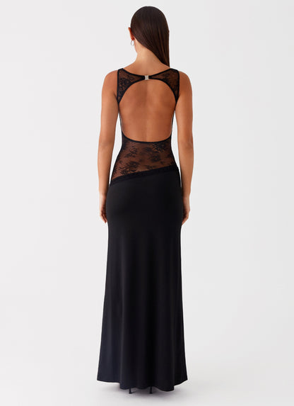 Lace Satin Backless Maxi Dress Black