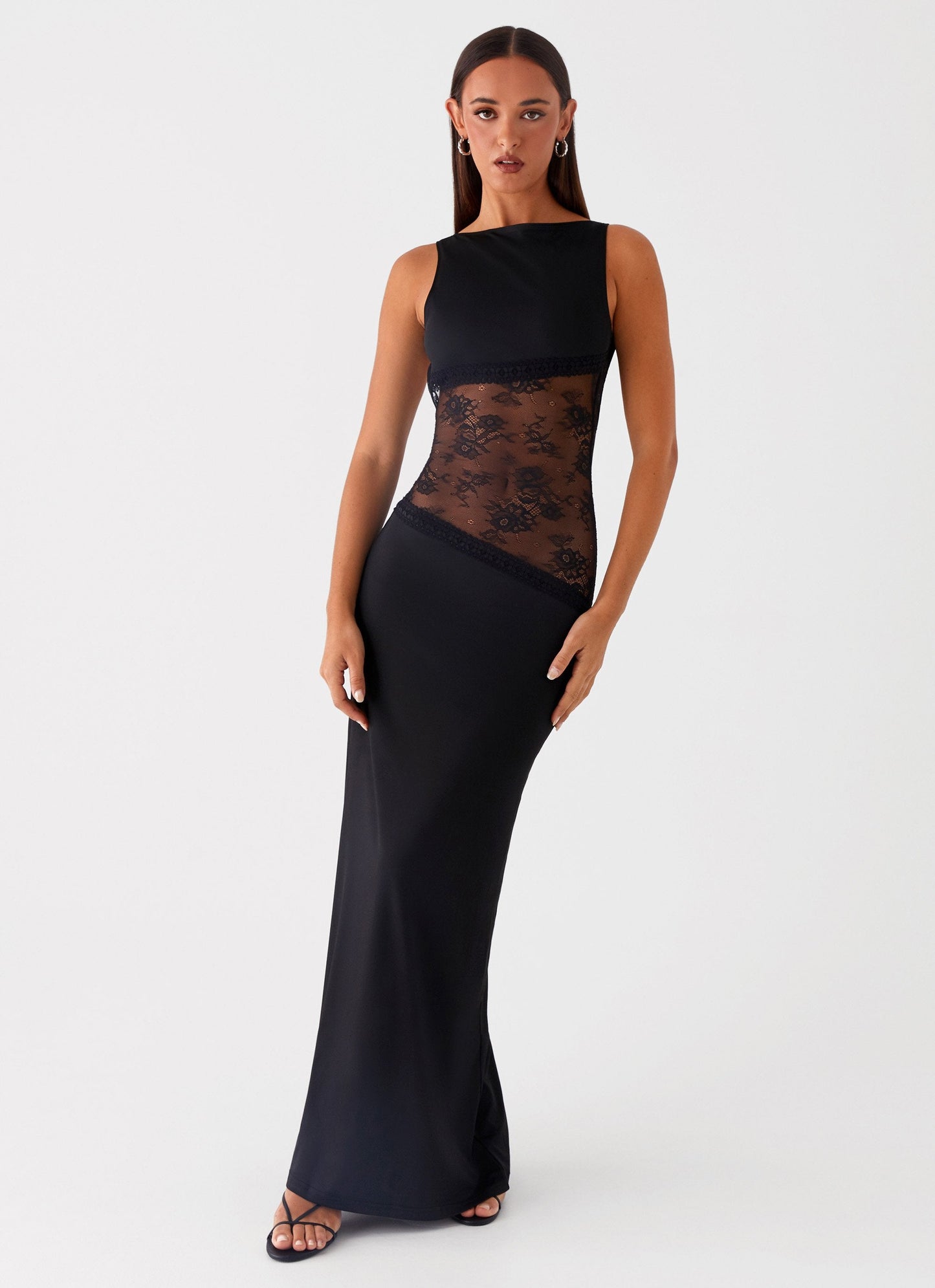 Lace Satin Backless Maxi Dress Black
