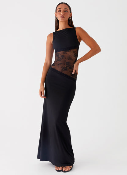 Lace Satin Backless Maxi Dress Black