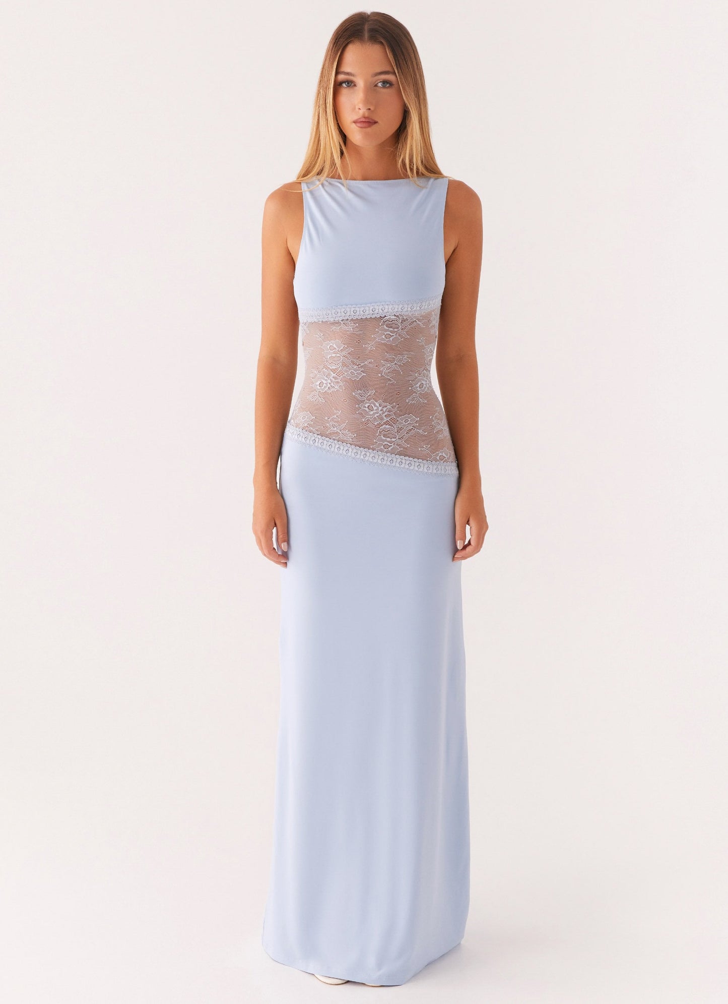 Lace Satin Backless Maxi Dress Blue