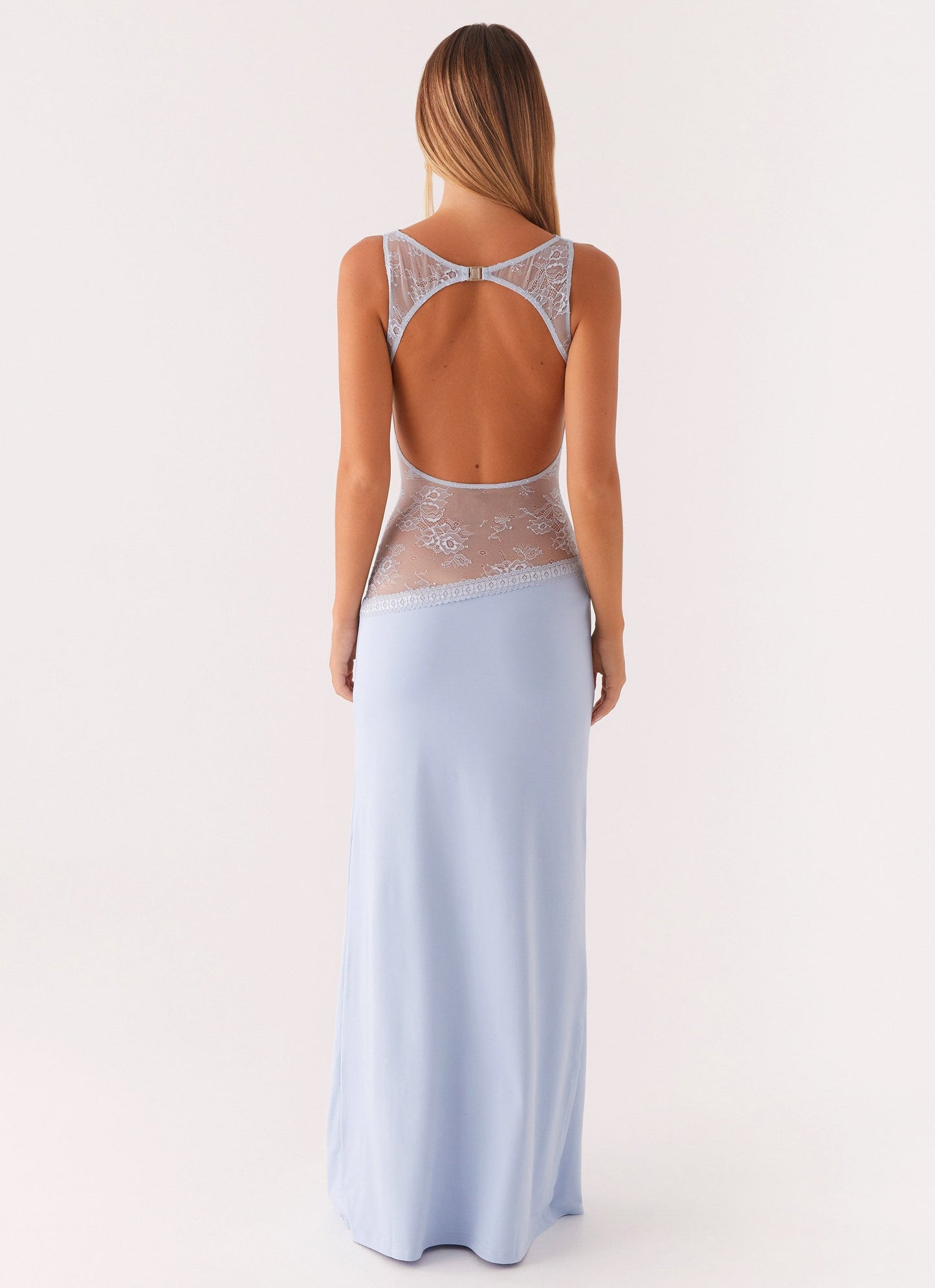 Lace Satin Backless Maxi Dress Blue