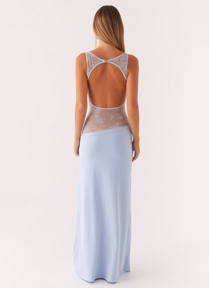 Lace Satin Backless Maxi Dress Blue