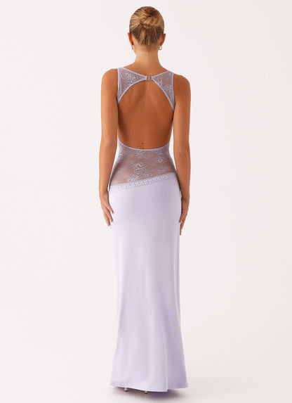 Lace Satin Backless Maxi Dress Purple