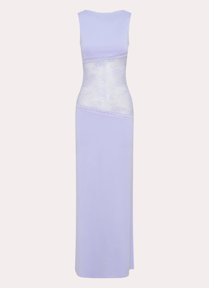 Lace Satin Backless Maxi Dress Purple