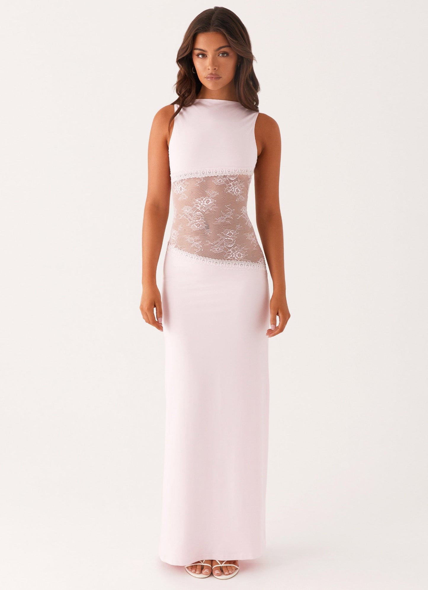 Lace Satin Backless Maxi Dress Pink