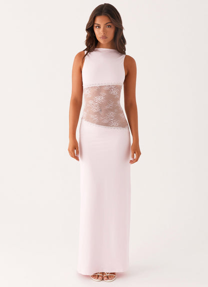 Lace Satin Backless Maxi Dress Pink
