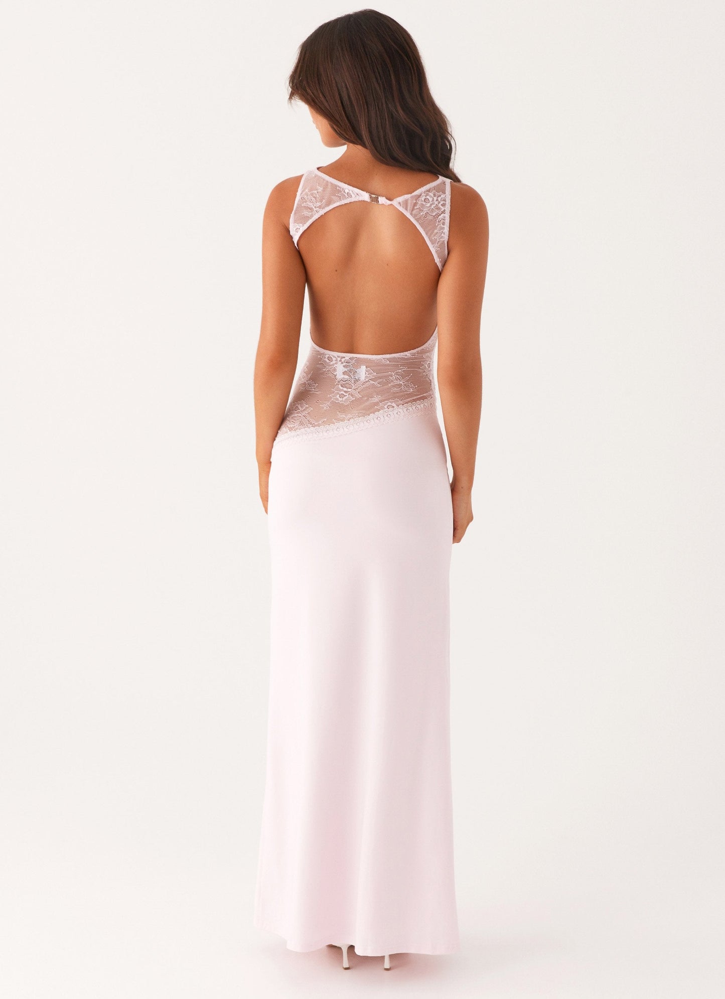 Lace Satin Backless Maxi Dress Pink