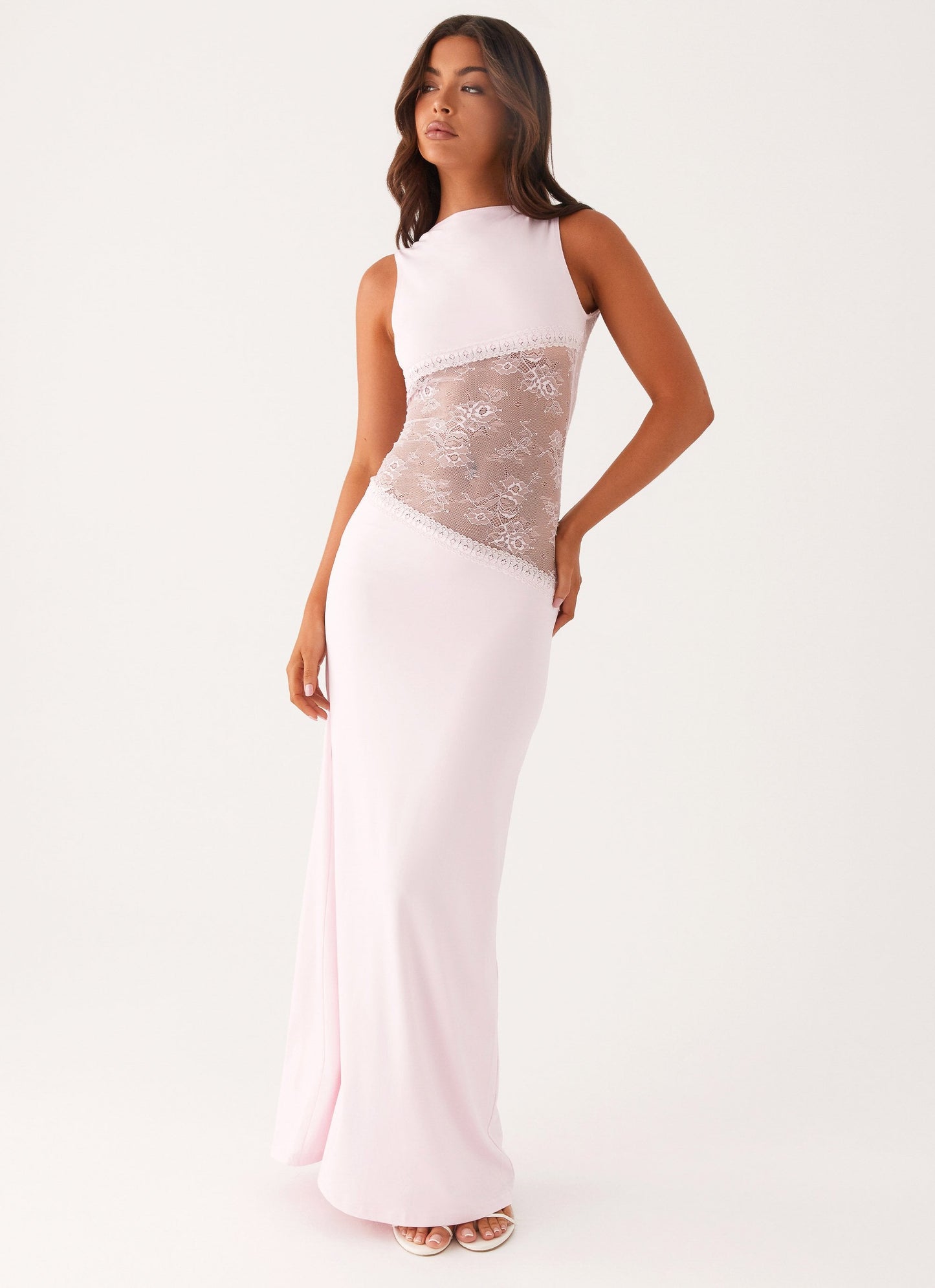 Lace Satin Backless Maxi Dress Pink