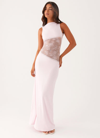 Lace Satin Backless Maxi Dress Pink
