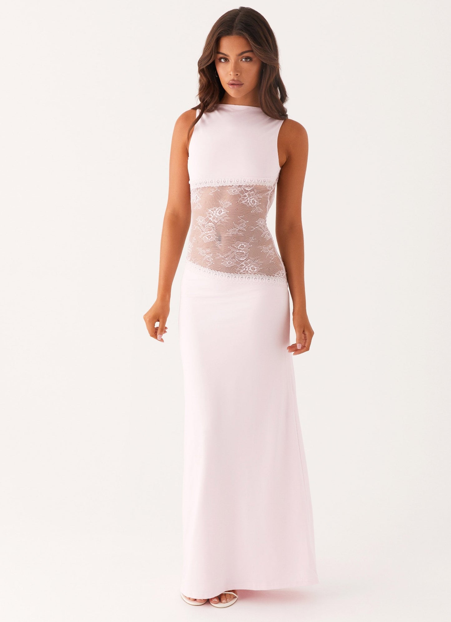 Lace Satin Backless Maxi Dress Pink