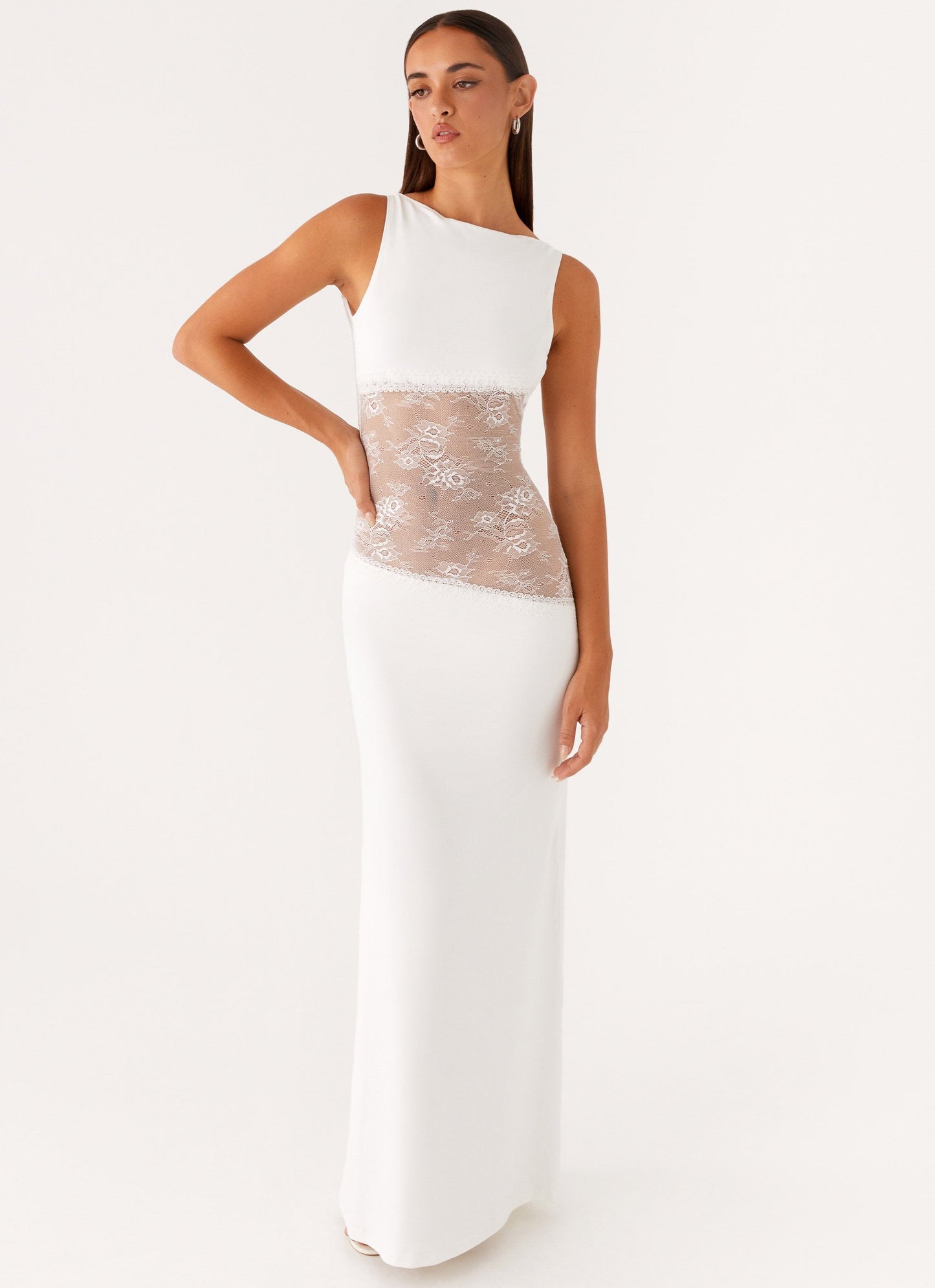 Lace Satin Backless Maxi Dress White
