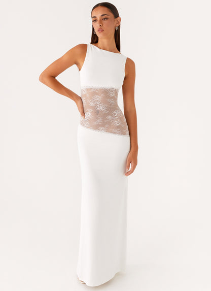 Lace Satin Backless Maxi Dress White