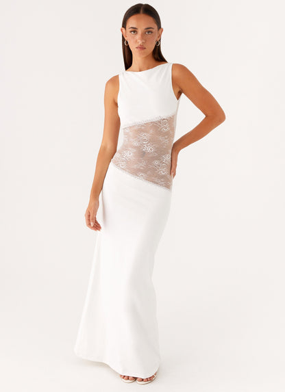 Lace Satin Backless Maxi Dress White