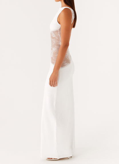 Lace Satin Backless Maxi Dress White