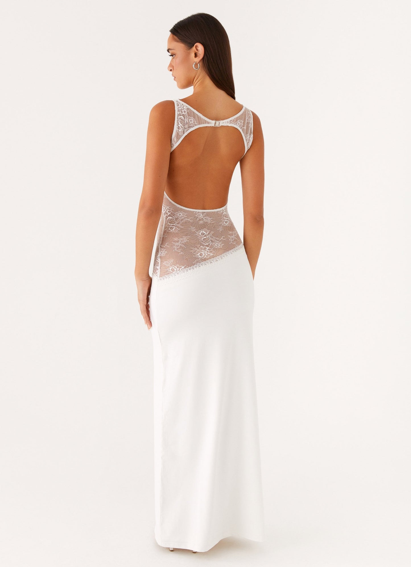 Lace Satin Backless Maxi Dress White