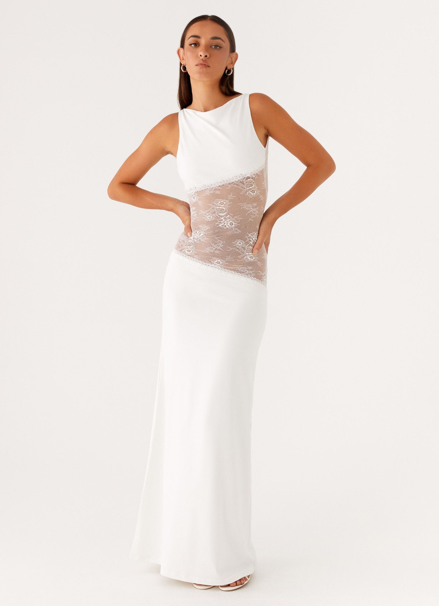 Lace Satin Backless Maxi Dress White
