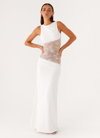 Lace Satin Backless Maxi Dress White