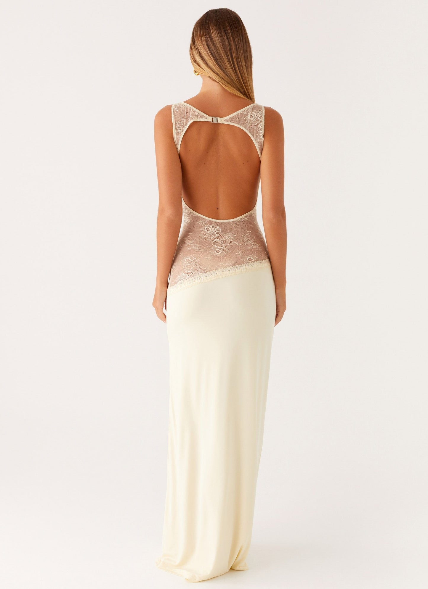 Lace Satin Backless Maxi Dress Yellow