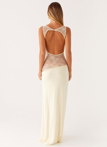 Lace Satin Backless Maxi Dress Yellow
