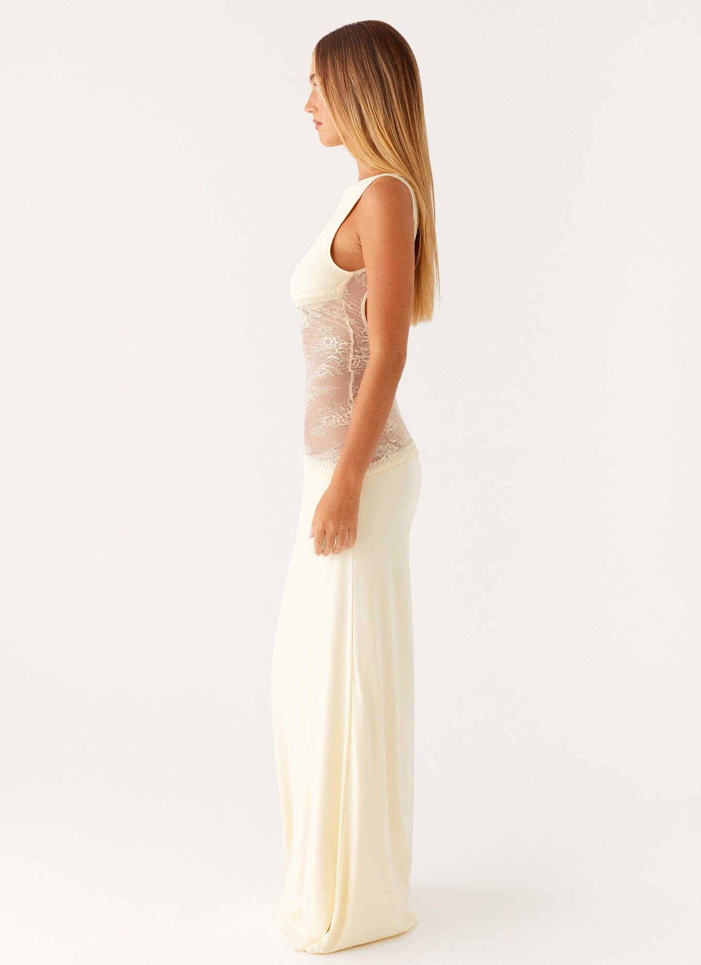 Lace Satin Backless Maxi Dress Yellow
