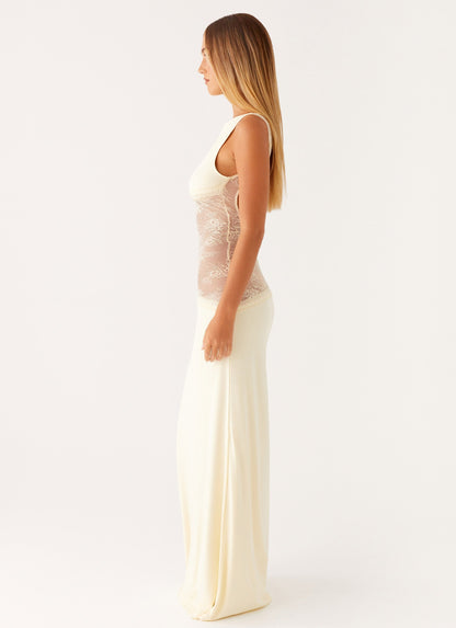 Lace Satin Backless Maxi Dress Yellow